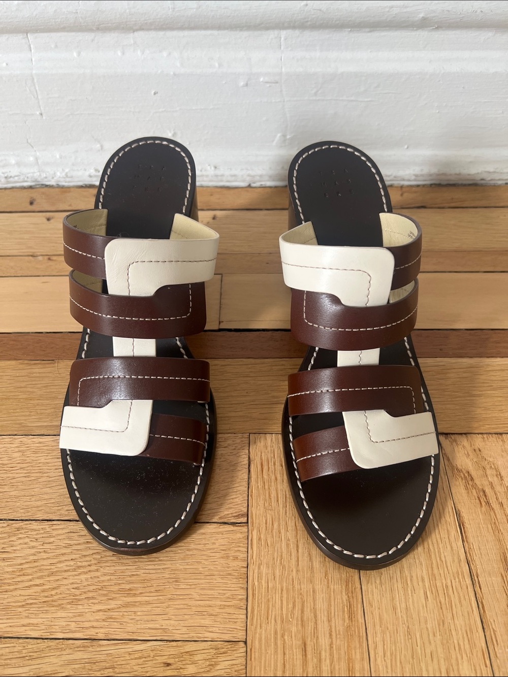Women’s Trademark Brown and Cream Leather Slide Sandals